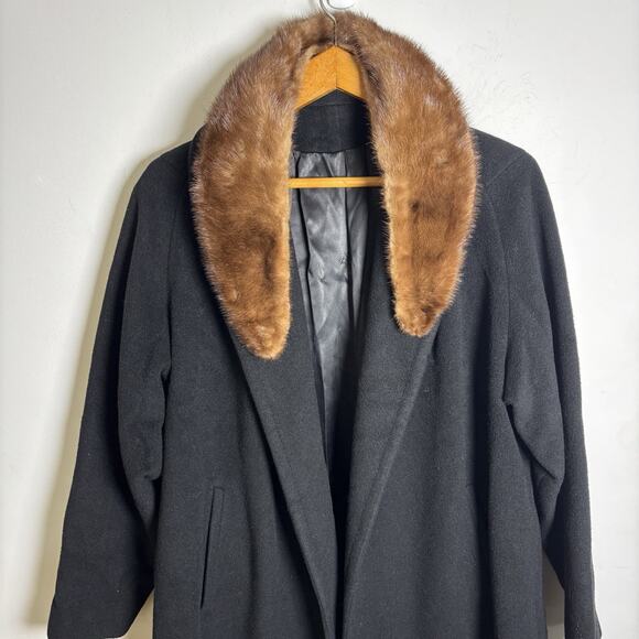 Vintage Cashmere Coat Size S/M 60s Black Brown Fur Collar Long Soft Raglan - Picture 2 of 8